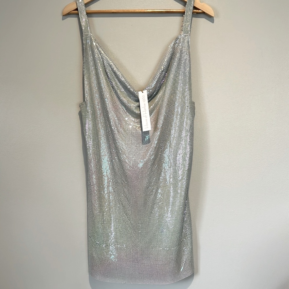 House of Harlow 1960 Chainmail Rhinestone Mini Silver Sequin Dress Size M